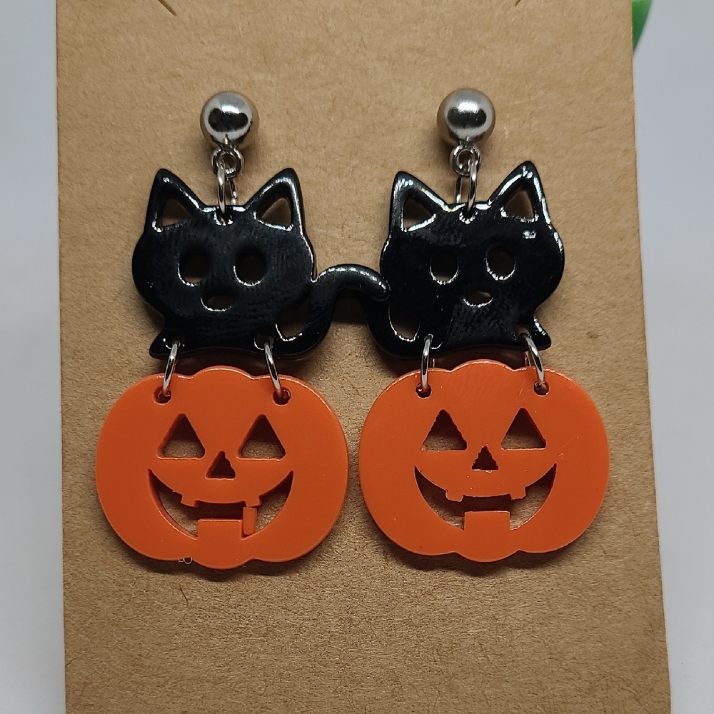 Halloween‎ Black Cat and Orange Pumpkin Stud Earrings NWOT Ladies Fall Outdoor